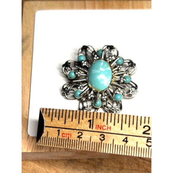 Vintage Silver Filigree Floral Brooch With Turquoise Cabochons - Picture 3 of 7